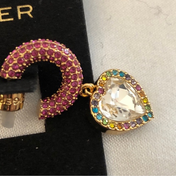 Kurt Geiger Gold Tone Pink Crystal Huggie Hoops With Heart Crystal Charm NWT - Picture 3 of 12